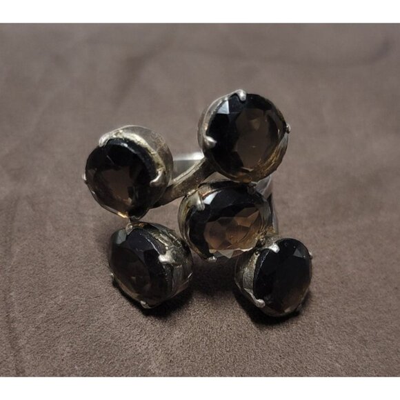 Estate Vintage Rare Amrita 925 Silver Cluster Ring With Smoky Quartz Gemstones - Picture 1 of 11